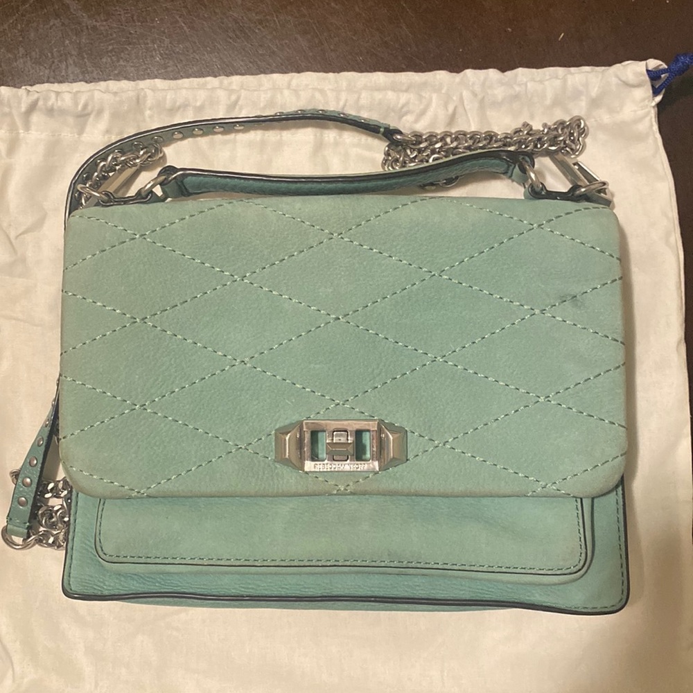 Rebecca Minkoff Je t'aime Medium Crossbody in dusty green suede color